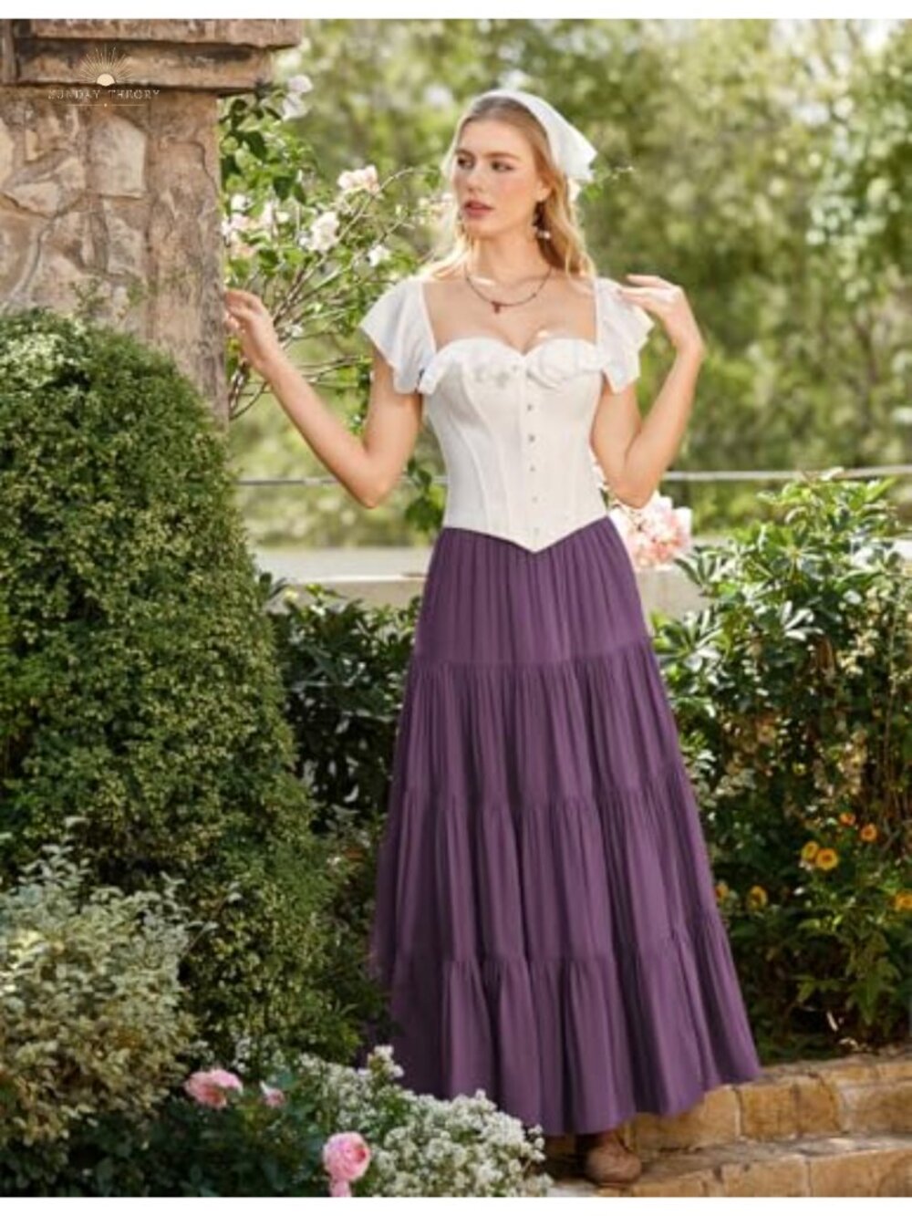 Tiered Renaissance Maxi Skirt Flowy Ankle Length Elastic Waist Side Pockets - Picture 2 of 6